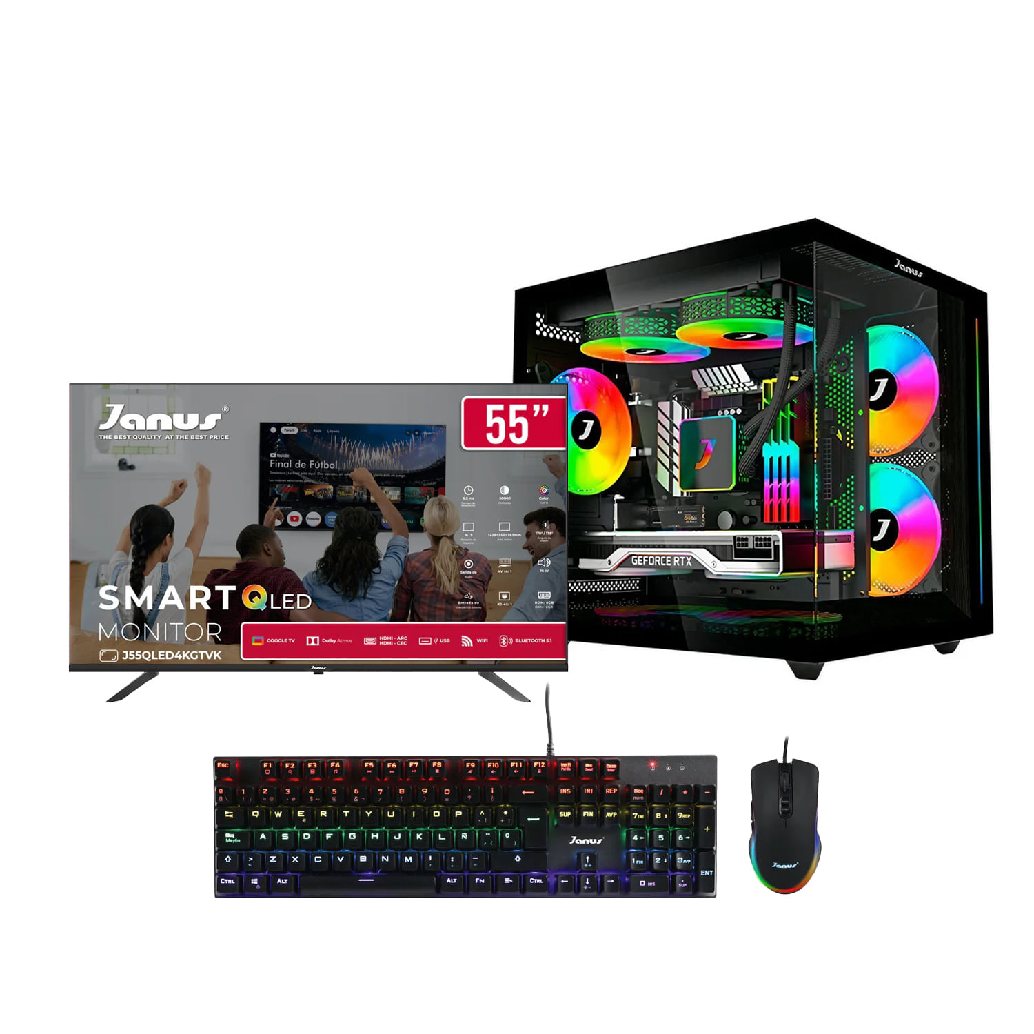 Computador Gamer Janus Amd Ryzen 5 5600Gt Memoria Ram 16Gb Rgb Ssd 512Gb M.2 Board A520M Fuente Janus 400W Monitor Smart Janus 55" QLED 4K Windows Pre